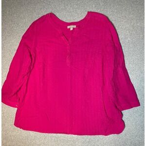Woman Within Tunic Top 3X Fuchsia Roll Tab Sleeve Henley‎ Barbiecore Cotton